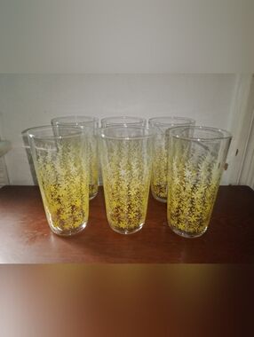 Vintage Glass Set Yellow Flowers Tumbler Cup 6 1/8" Tall MCM Boho Retro Hippie